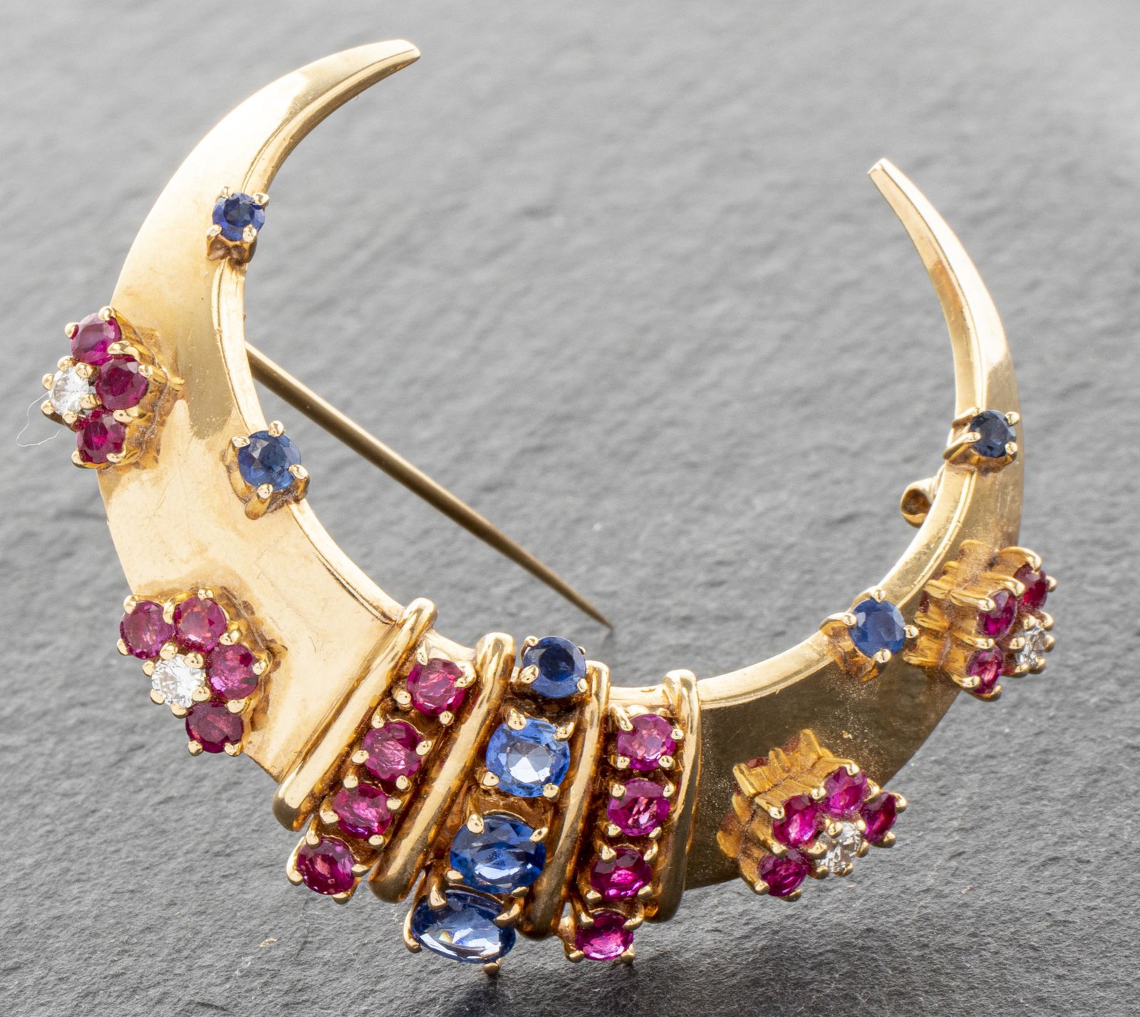 14K Gold Sapphire, Ruby & Diamond Crescent Brooch (1 of 7)
