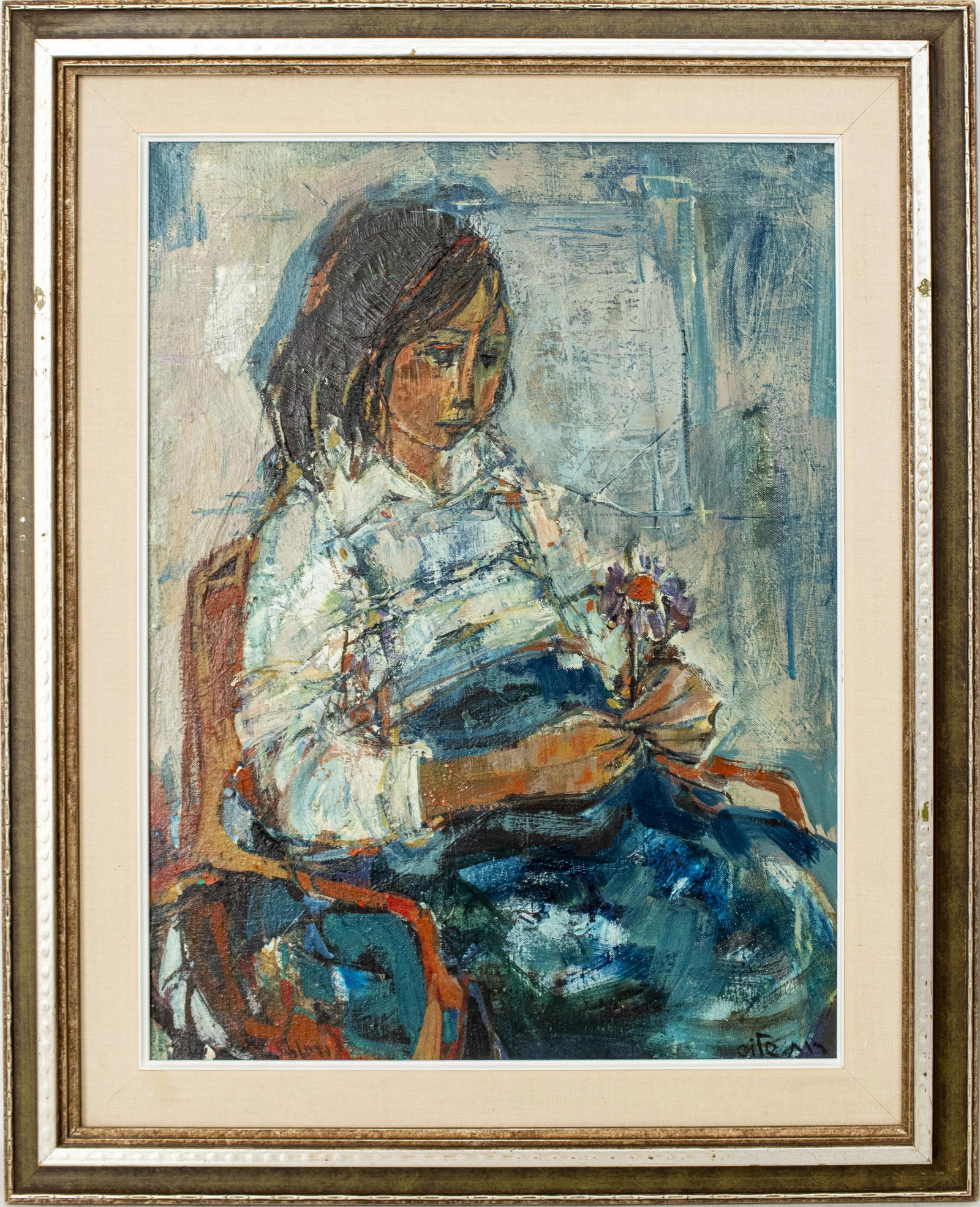 Ruth Schloss "Girl with Flower" Oil on Canvas (1 of 6)