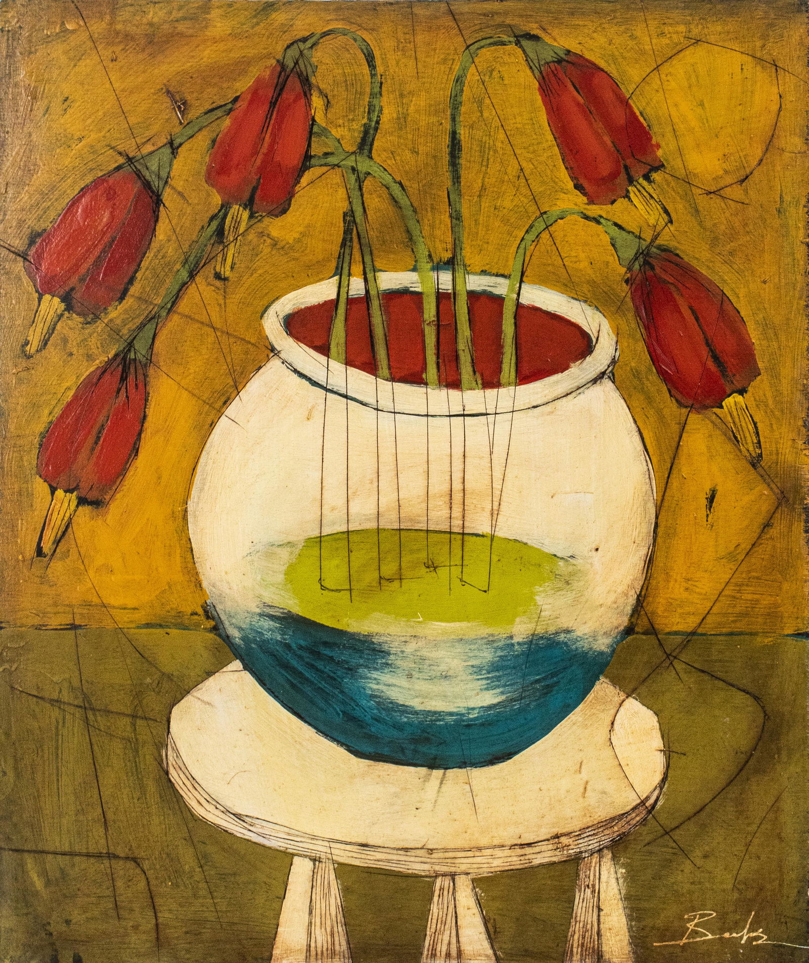 Michael Banks Folk Art "Red Flowers" Acrylic (1 of 4)