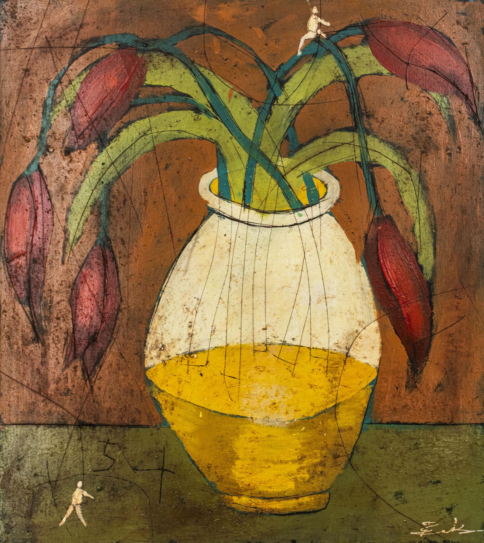 Michael Banks Folk Art "Red Flowers" Acrylic (1 of 4)