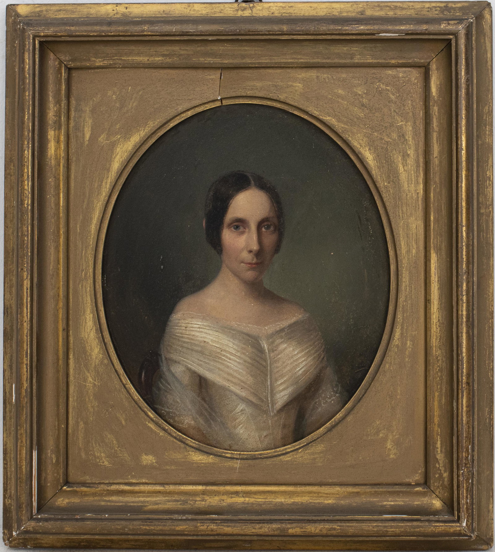 English School "Portrait of a Woman" Oil on Board: Antique English School oil on board, late 19th / early 20th century, depicting portrait of a woman in white, label on reverse: "Charles Roberson & Compy." Image: 8.25" H x 6.75" W; frame: 13" H x 11.7