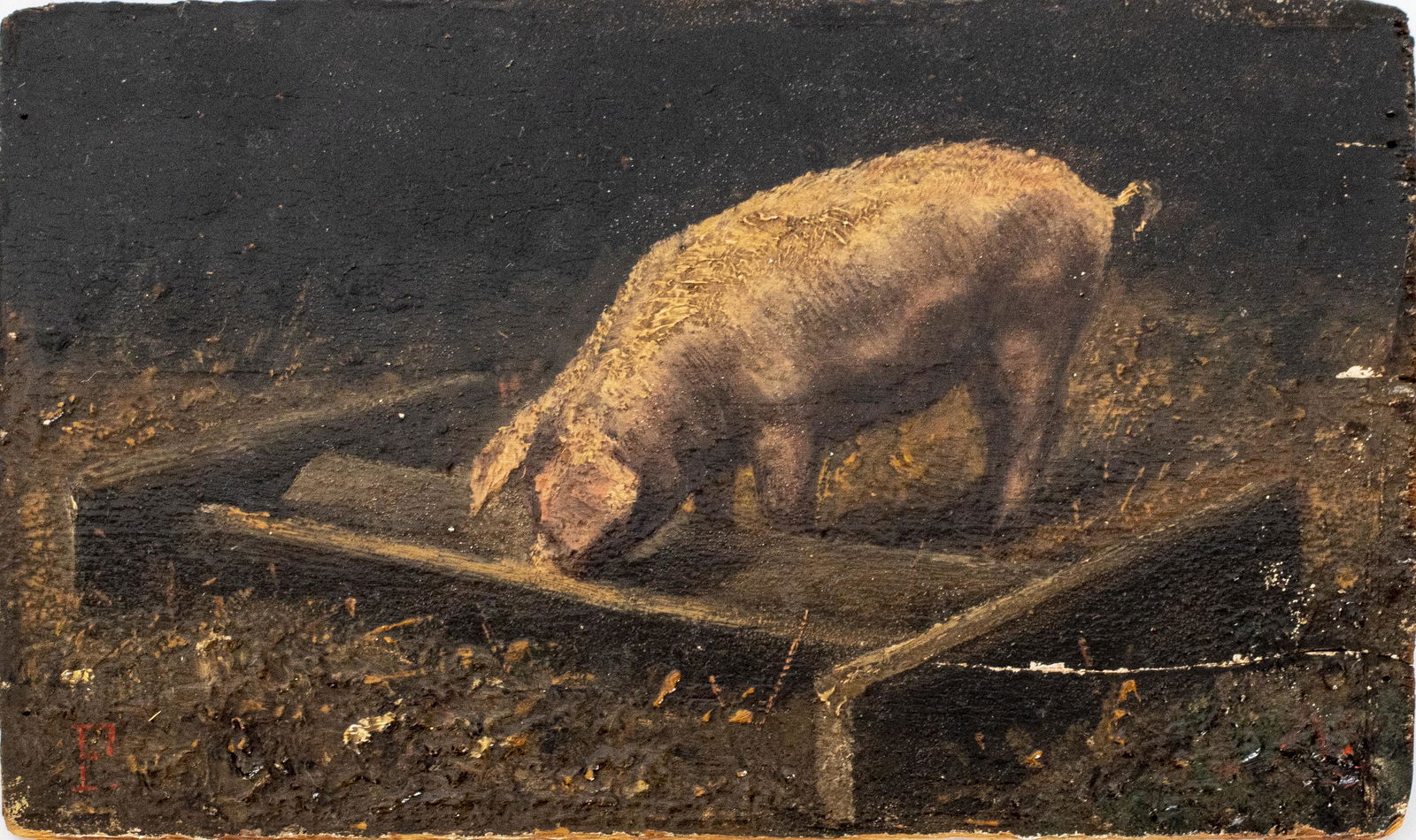 F. Franchette "Pig" Oil on Panel, 1894 (1 of 3)