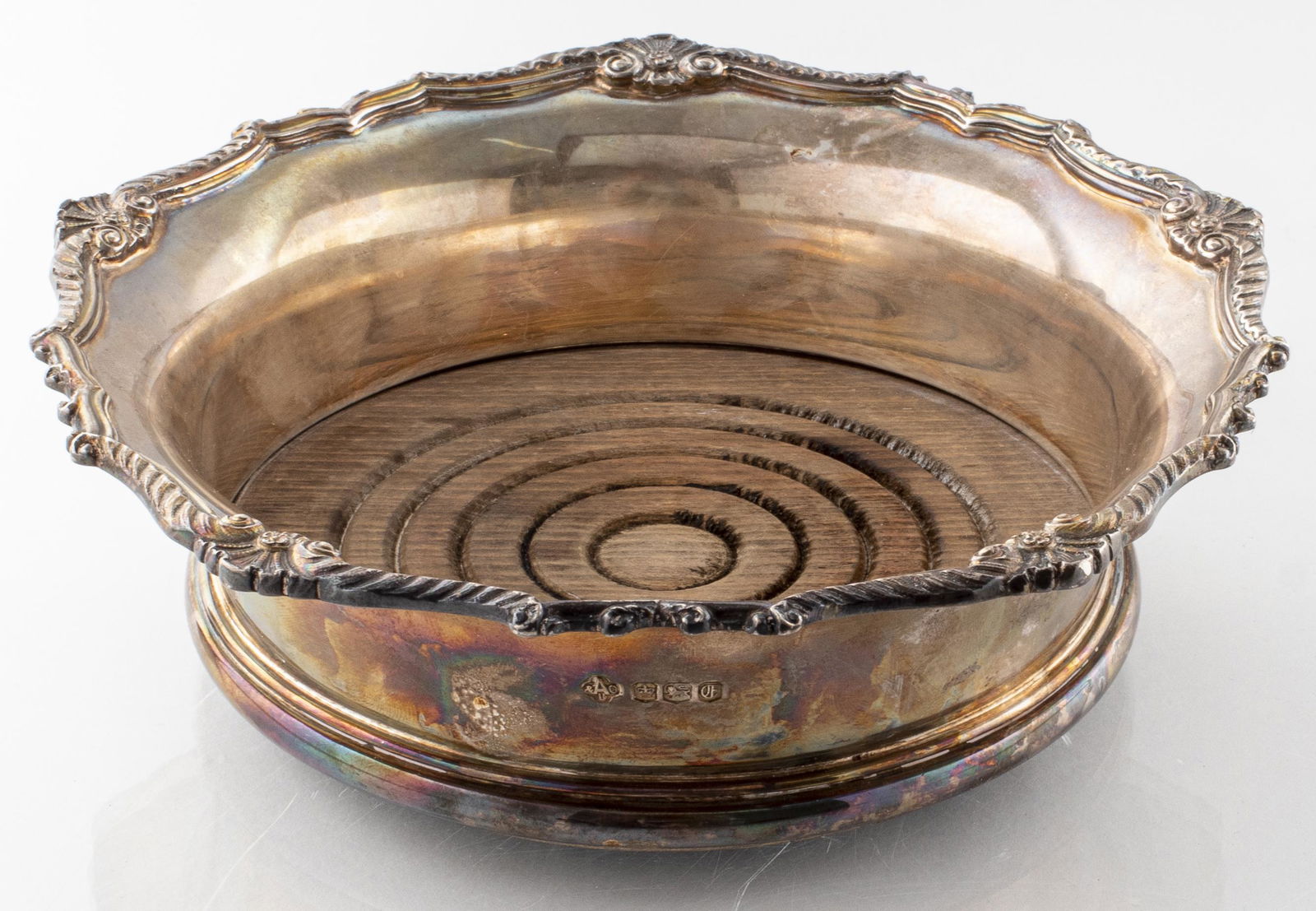 English Silver Bottle Coaster with Wooden Base (1 of 3)