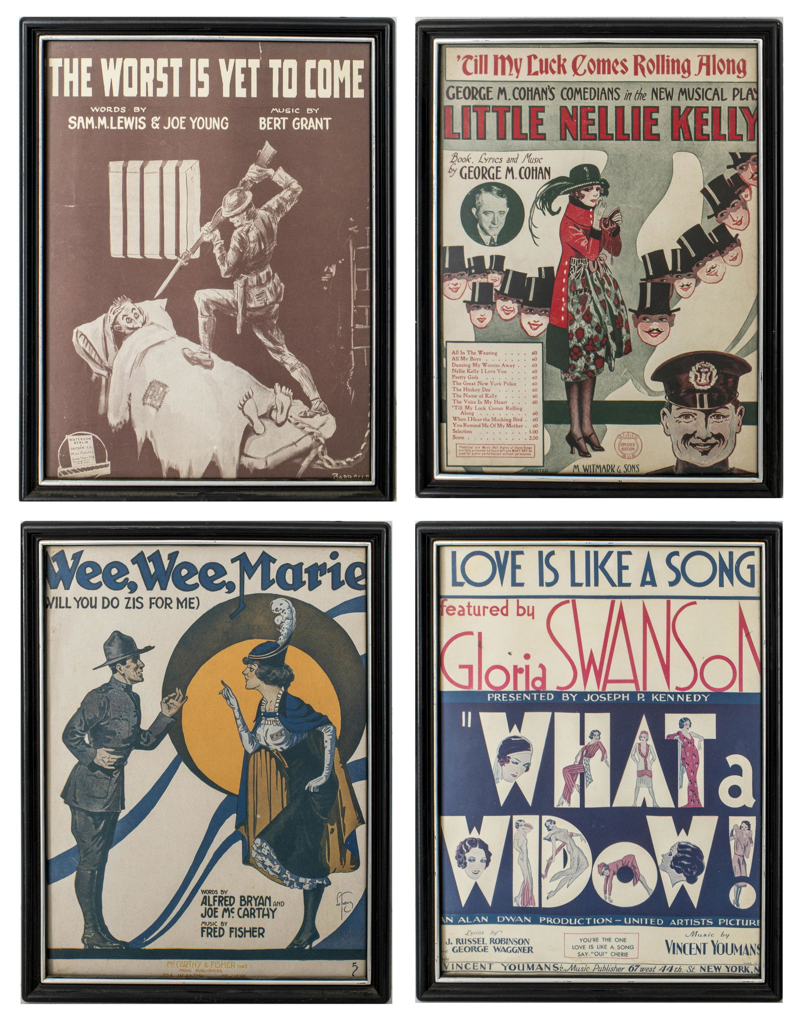 Framed Vintage New York Show Posters, 4: Set of 4 vintage Broadway musical poster prints, 20th century, multicolor. Titles: "Till My Luck Comes Rolling Along," "Love Is Like A Song," "Wee, Wee, Marie," "The Worst Is Yet To Come," image 11.5"