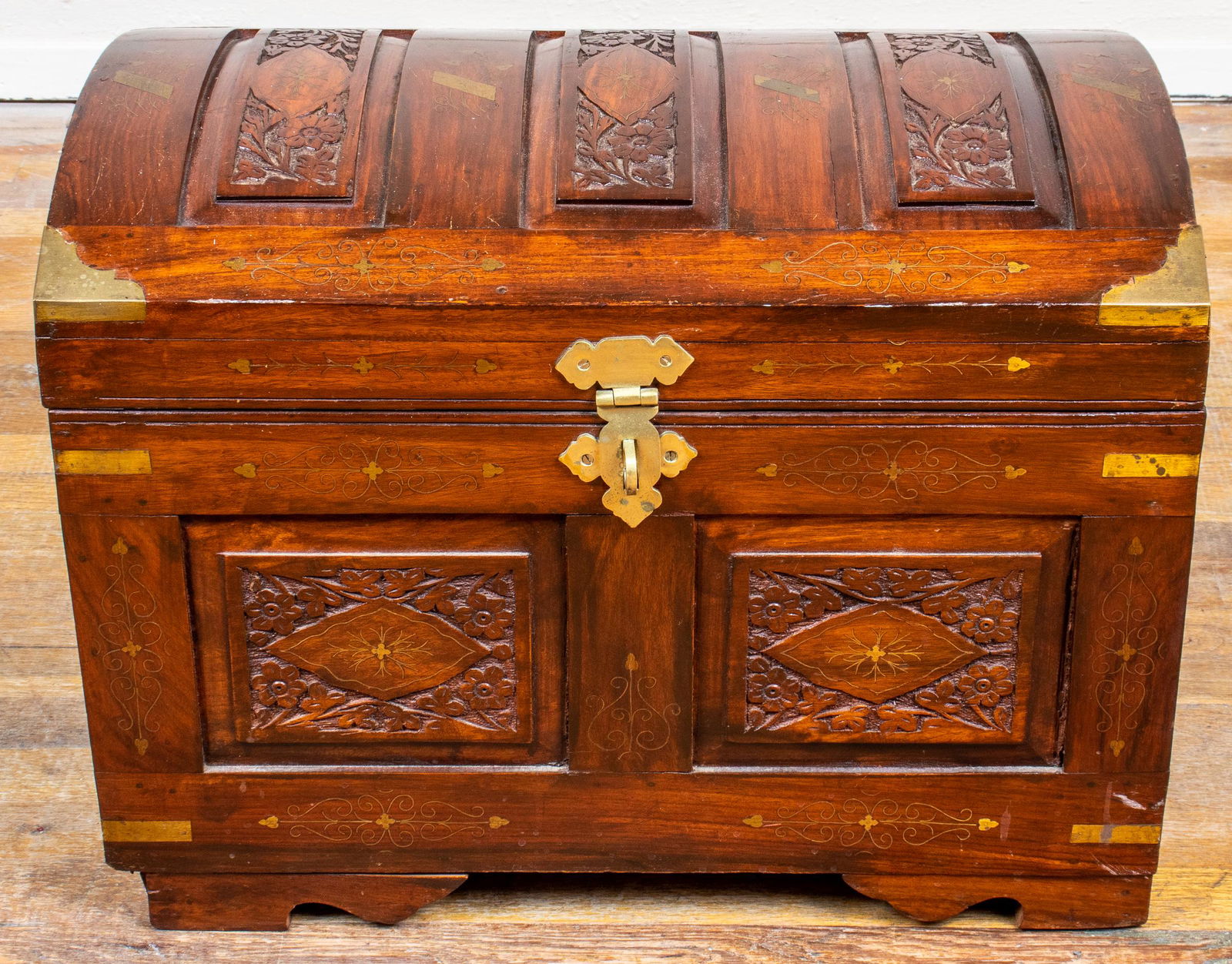 Anglo Indian Carved Brass Inlaid Hardwood Chest (1 of 11)