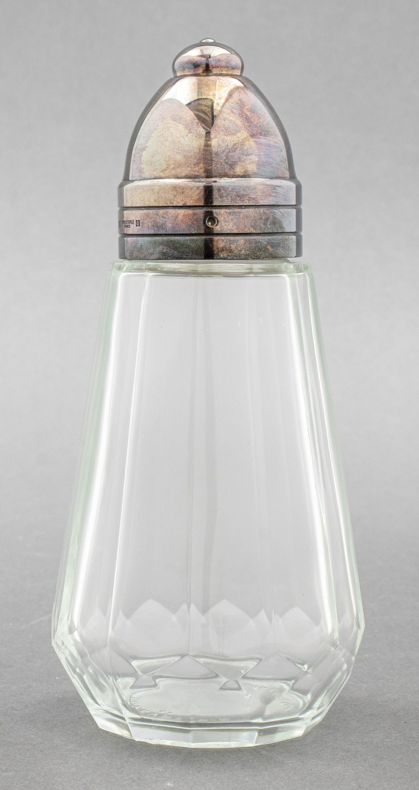 Christofle Silver-Plate & Glass Sugar Caster: Christofle silver-plate and glass sugar or spice caster, maker's mark to side of cap. 6.25" H x 2.75" diameter.
