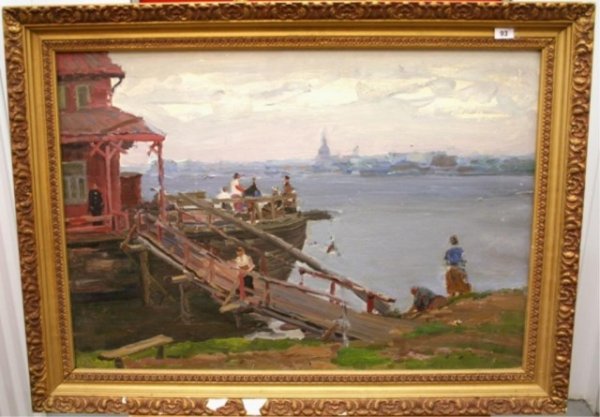 U Prichala, Vid Na Kolomnu Andrey Ovcharov: Painting of a docked boat with a boarding ramp and figures, by Andrey Ovcharov (Russian, 1926-1995), oil on canvas, twentieth century; unsigned. Dimensions: Image area 18-3/4"L x 27"W; with frame 23-1