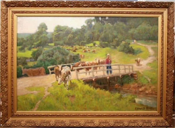 Letniy Den' (Summer Day) by Sergey Agapov: Impressionist-style pastoral scene with cows, by Sergey Agapov (Russian, 1921), oil on canvas, Russia, 1988; signed lower right. Dimensions: Image area 28-1/4"L x 42"W; with frame 37"L x 51"W