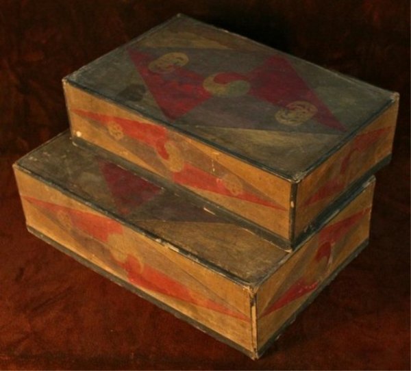 Set of Two Antique Nesting Paper Sewing Boxes: Set of two antique nesting sewing boxes made entirely of hanji (Korean traditional paper) covered with applied cut-paper designs and finished with a light oil. Very much like the one in the Brooklyn M
