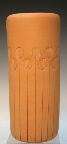 Italian Bitossi for Raymor Modernist Ceramic Vase: Tall, cylindrical vase featuring Modernist incised leaf decorations on the exterior wall and a glazed interior, by Bitossi for Raymor, ceramic, Italy, ca. twentieth century; sticker labels on bottom.
