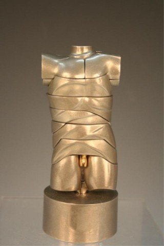 Berrocal Mini-David Sculpture-Puzzle 1968: Mini-David dismountable sculpture composed of twenty-two elements except base, designed by Miguel Berrocal (Spanish, 1933-2006), nickel plated aluminum alloy, Verona, Italy, 1968; signed Berrocal and