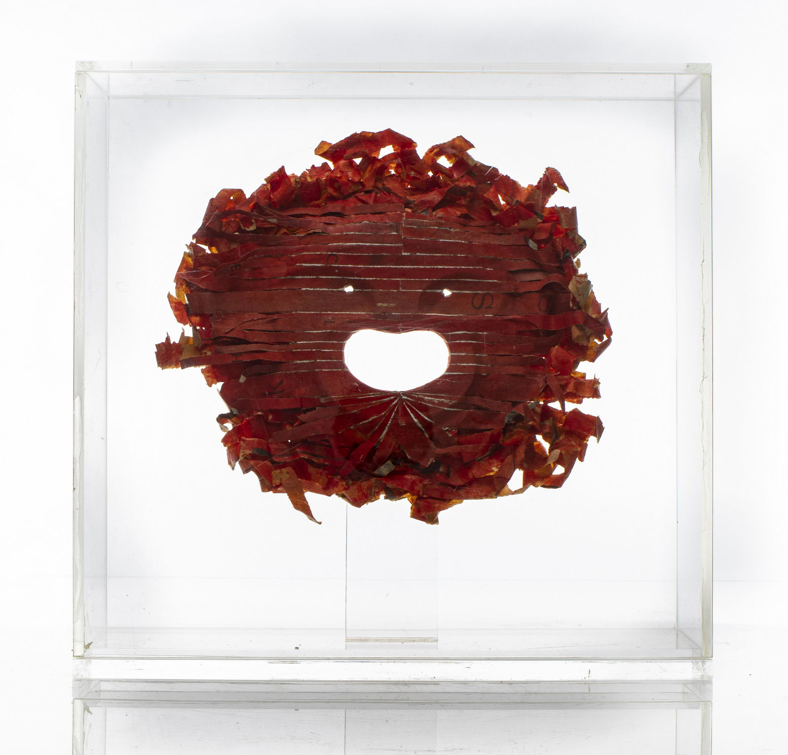 Robert Courtright Mixed Media "Mask" Sculpture: Robert Courtright (American, 1926-2012) "Mask," mixed media sculpture including papier-mâché and watercolor, in lucite presentation case, signed on reverse: "Courtright." Mask: 8" H x 11" W; case: 1