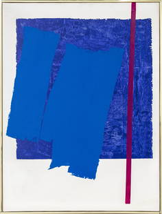 Kyle Morris "Fall Series '64 No. 1" Oil on Canvas: Kyle Morris (American, 1918-1979) "Fall Series '64 N0. 1," oil on canvas, abstract expressionist composition in blue and purple, signed and titled on reverse, bearing Kootz Gallery (New York) label on