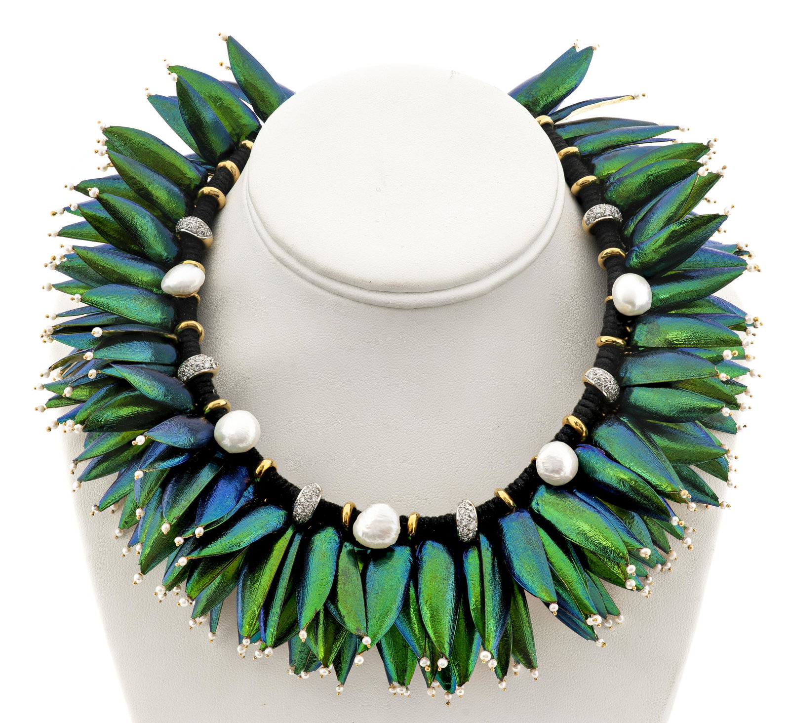 Lotus Arts de Vivre 18K Diamond & Pearl Necklace: Lotus Arts de Vivre 18K yellow gold scarab cluster diamond and pearl necklace, comprise of scarab beetle colored enameled wings individually backed in 18K yellow gold capped with single seed pearl end