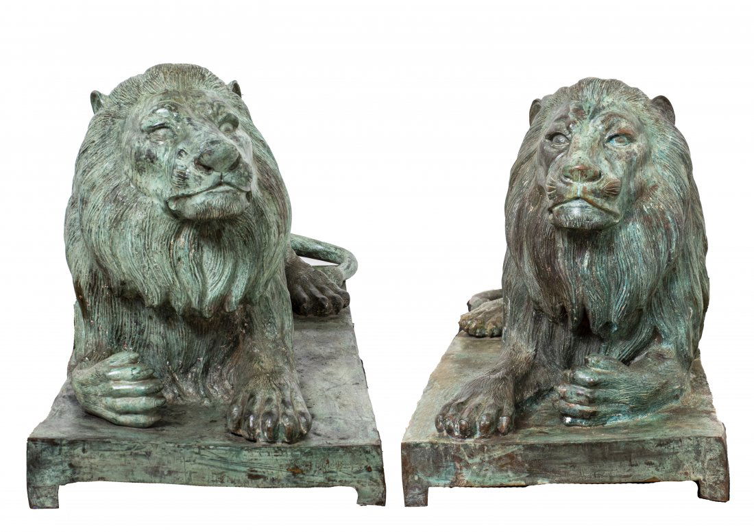 Large Patinated Bronze Statues Of Lions, Pair (1 of 9)