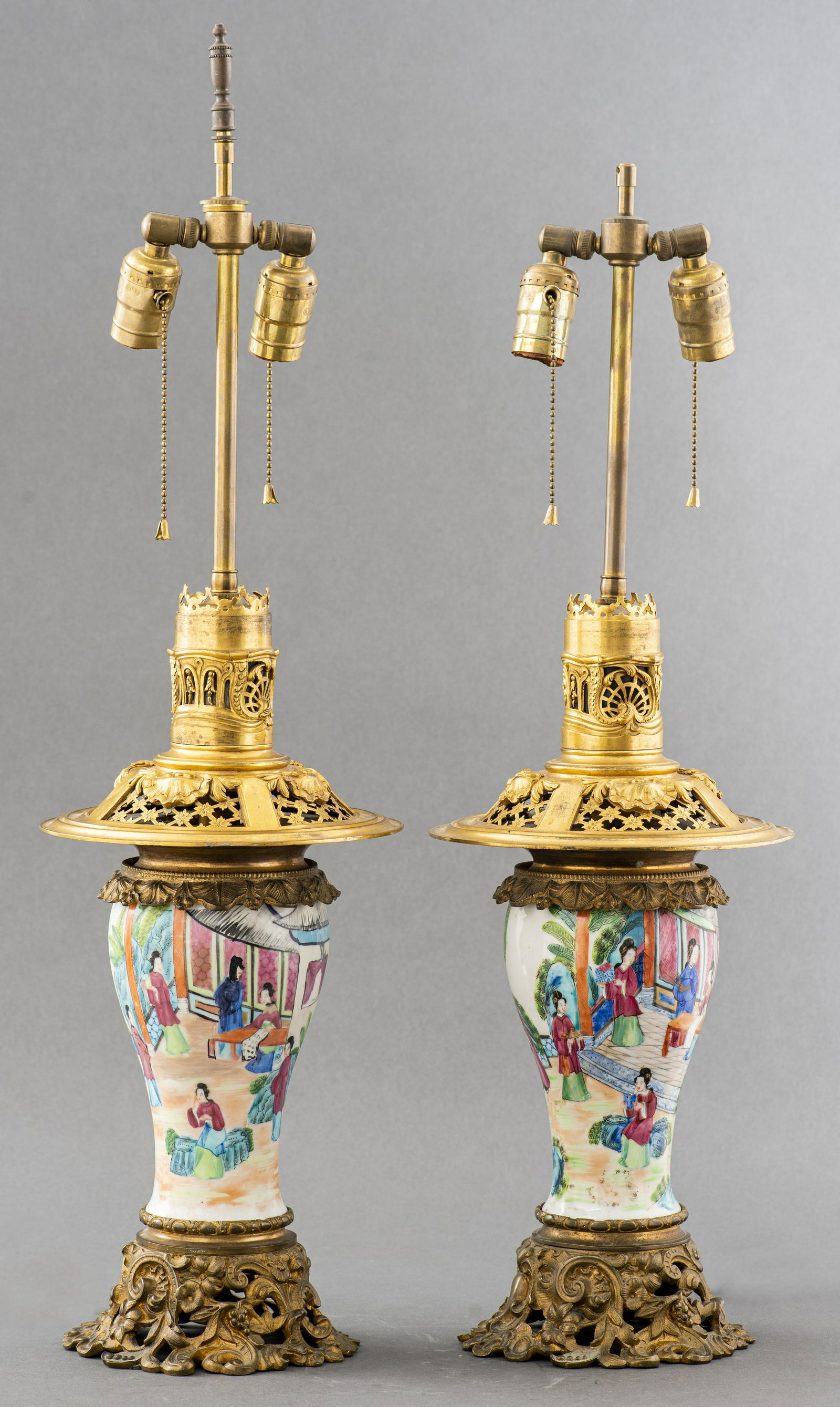 Chinese Ormolu-Mounted Famille Rose Lamps, Pair (1 of 6)