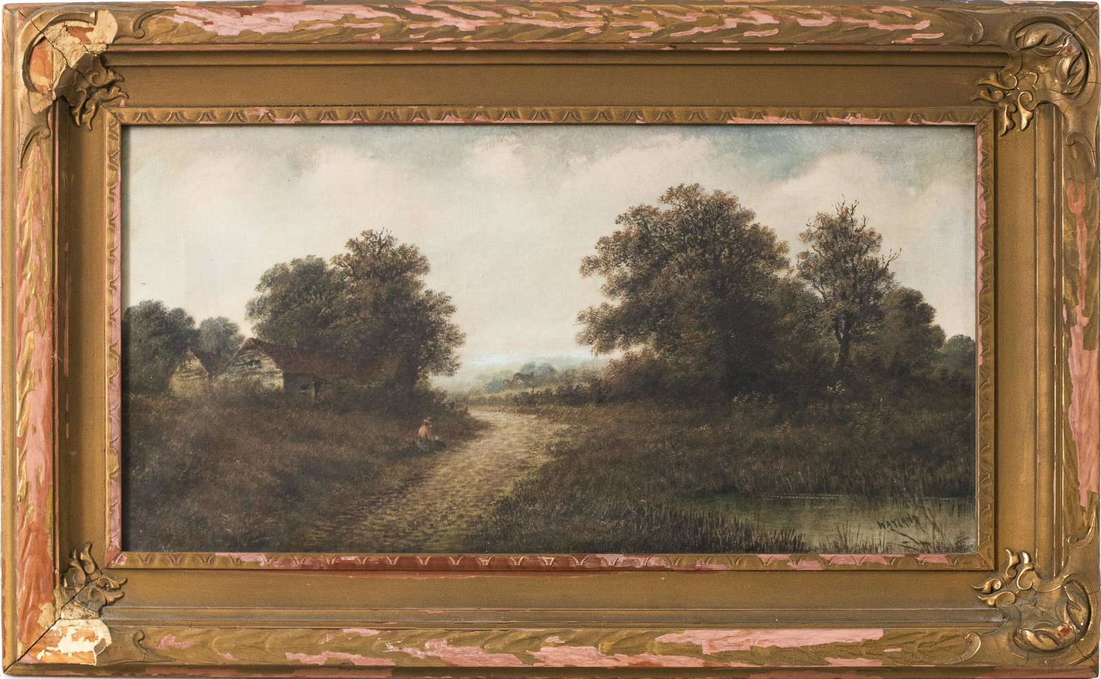 British School Oil on Canvas, Signed Wayland: British School oil on canvas, depicting pastoral landscape with dirt road running through trees, signed lower right: "Wayland." Image: 11.5" H x 23.5" W; frame: 18.25" H x 30" W x 2.25" D.