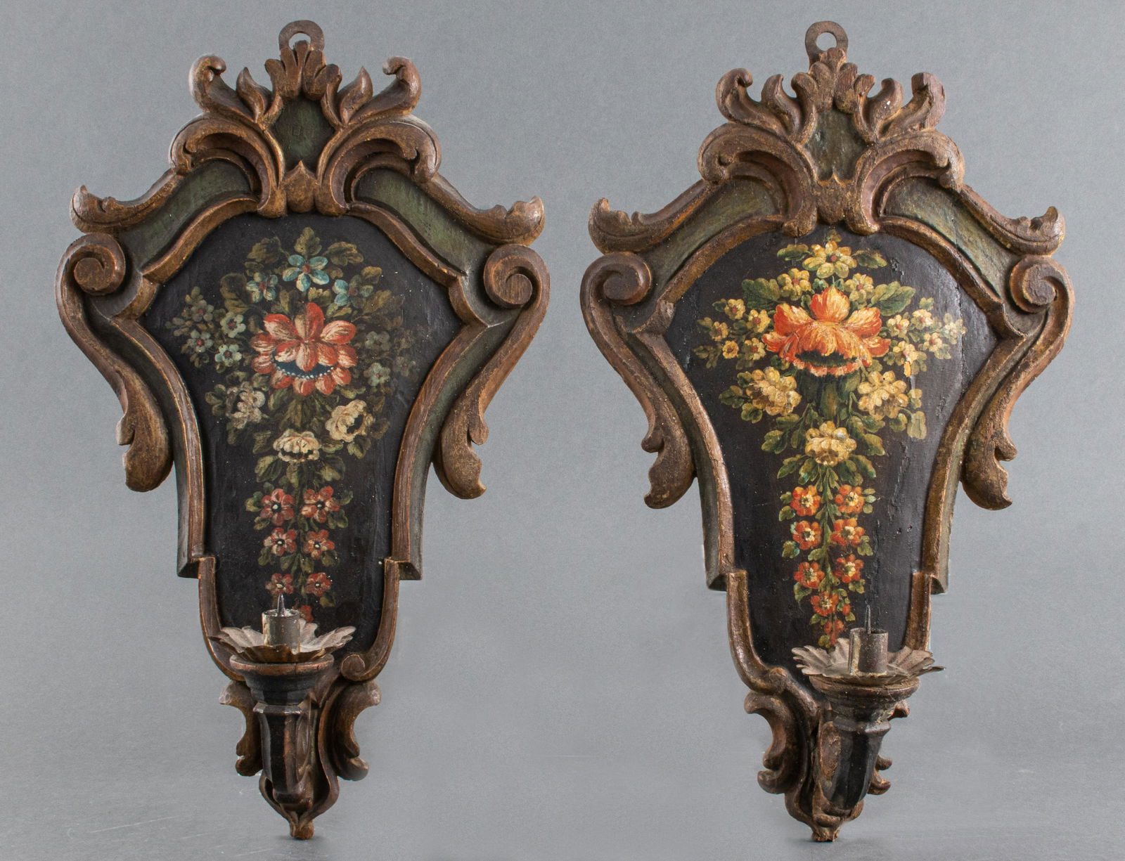 Rococo Revival Paint Decorated Sconces, Pair (1 of 5)