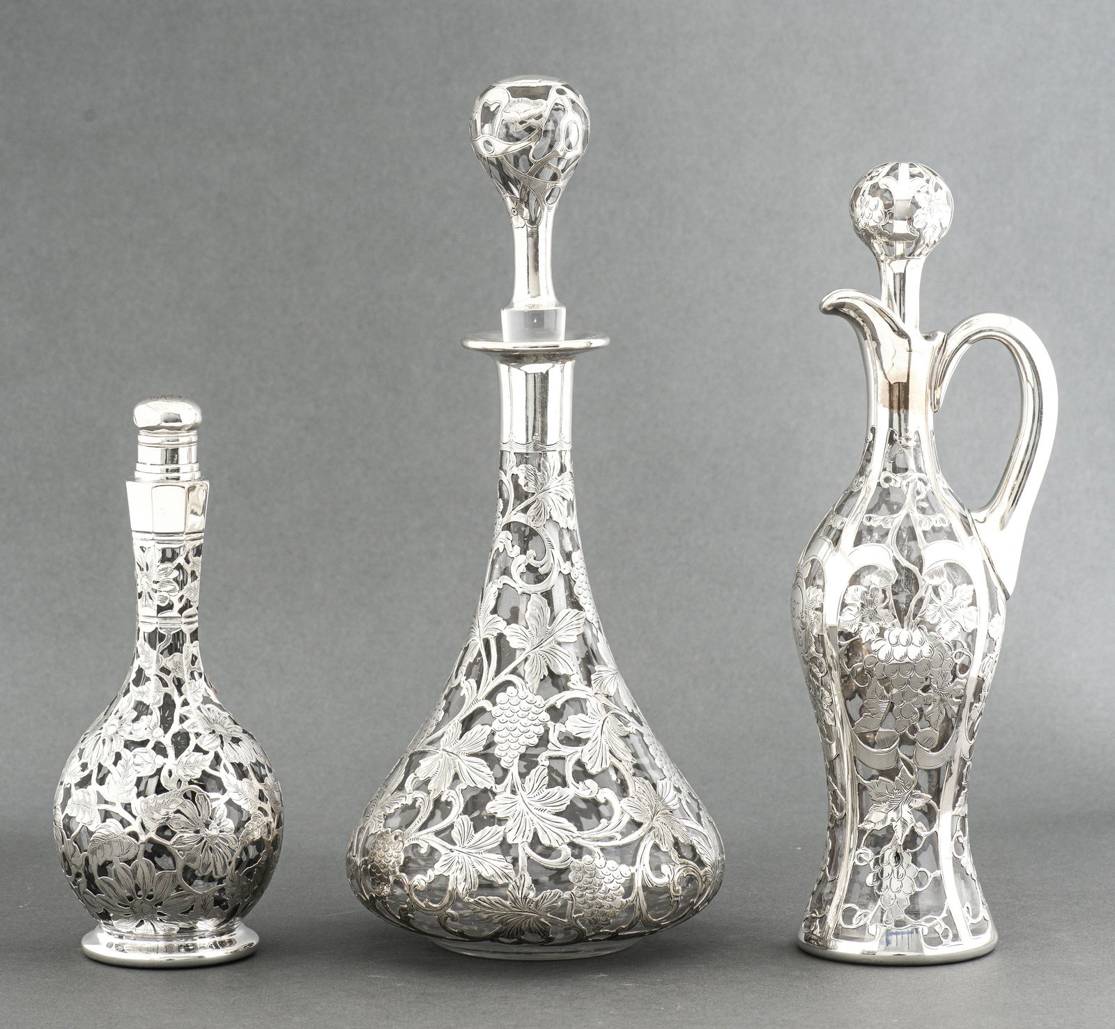 Alvin Mfg Art Nouveau Silver Overlay Decanters (1 of 5)