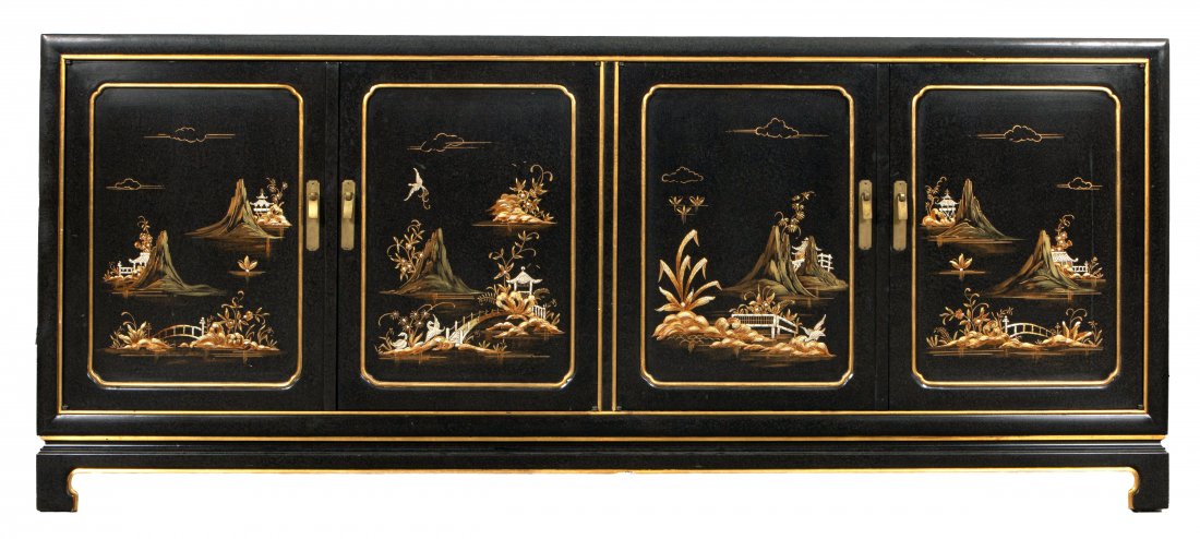 Widdicomb Chinoiserie Motif Black Credenza: 32.25” H x 76.5” W x 19” D
