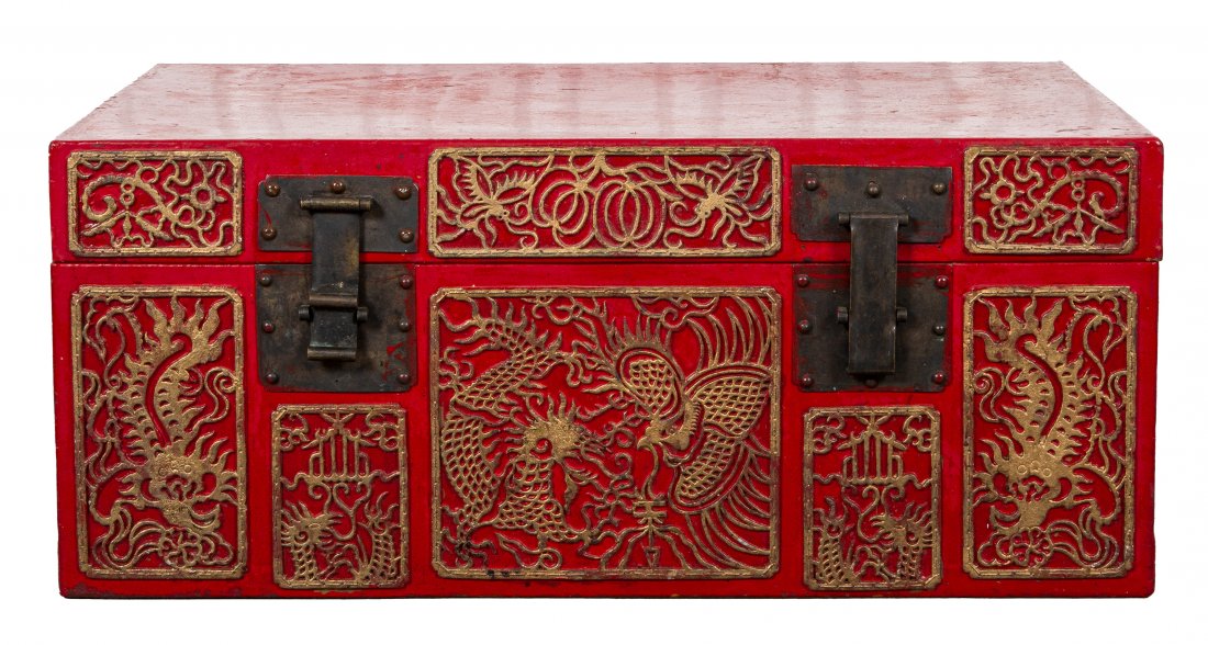 Chinese Red Storage Trunk With Gilt Medallions (1 of 8)