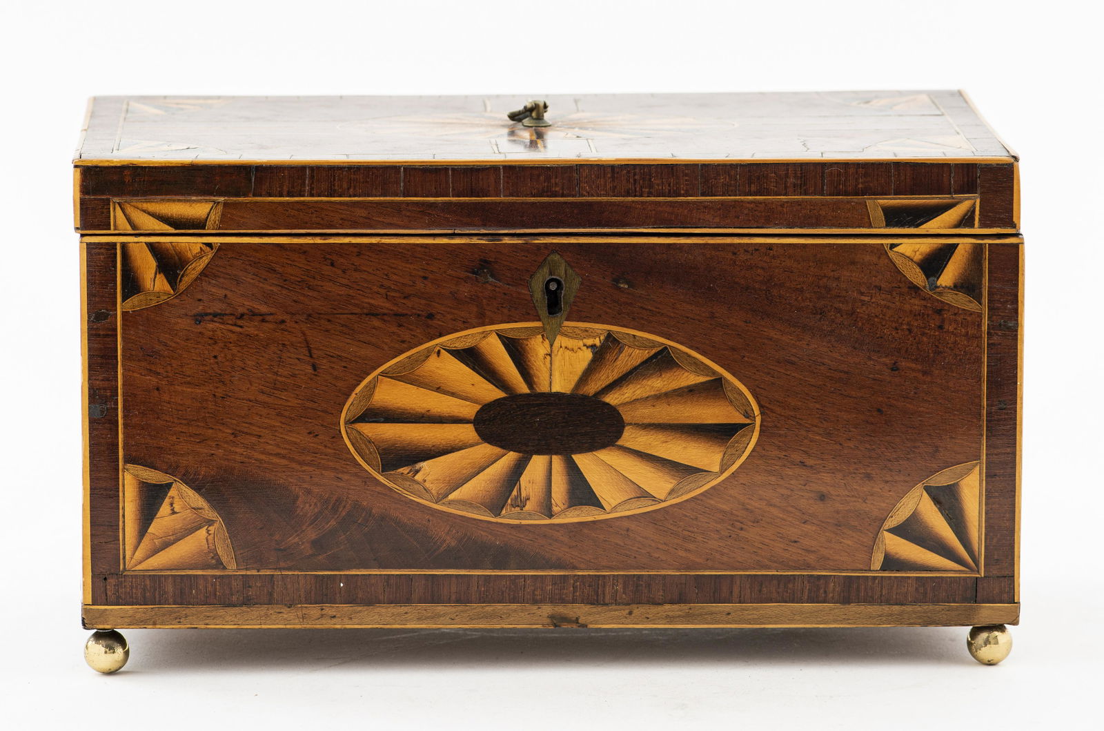 English Banded And Fan Inlaid Mahogany Tea Caddy (1 of 11)