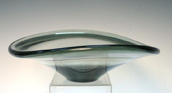 Holmegaard Per Lutken Smokey Glass Bowl ca. 1956: Holmegaard smoky glass bowl designed by Per Lutken, Denmark, circa 1956; marked. Dimensions: 3-1/2"L x 13"W x 12"D; weighs 4 lbs