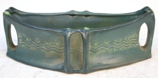 Eduard Stellmacher Amphora Jardinere ca. 1906-1907: Modernist blue-green, matte-glazed jardiniere with handles and linear relief decoration, by Eduard Stellmacher of Amphora, ceramic, Teplitz, 1906-1907; fully marked on bottom. Dimensions: 10"L x 5-1/2