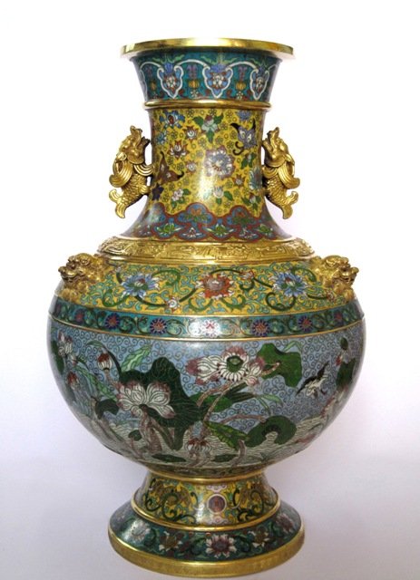 Qing Chinese Gilded Cloisonne Dragon-Ears Vase: Large cloisonne vase highly-decorated with lotus scrolls, foliage motifs, bats, butterflies, peaches, parrots, mandarin ducks, and egrets within different registers and set on an imperial-yellow backg