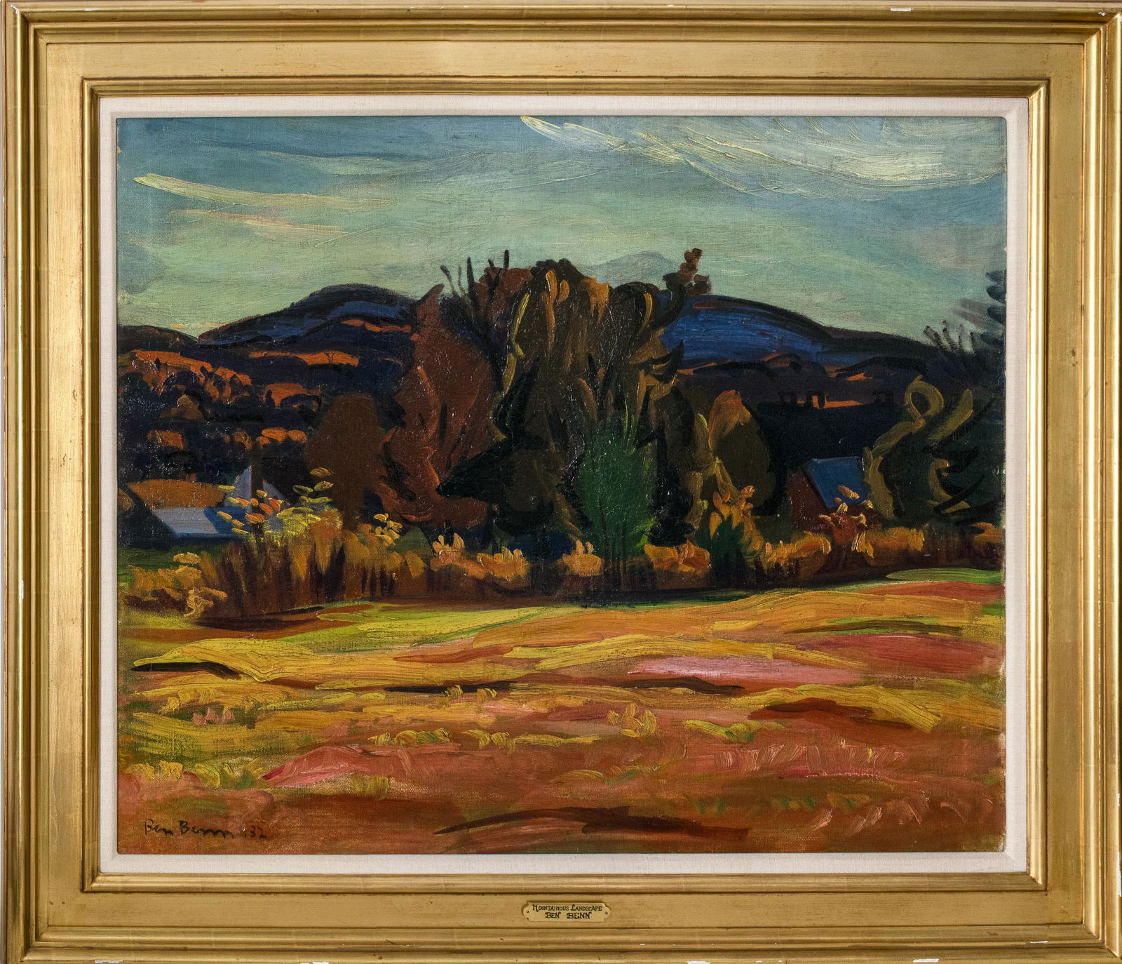 Ben Benn "Mountainous Landscape" Oil on Canvas: Ben Benn (Russian-American, 1884-1983) "Mountainous Landscape," oil on canvas, 1932, signed and dated lower left: "Ben Benn '32." Image: 29.25" H x 35.25" W; frame: 38.5" H x 43.75" W x 1.75" D. Remov