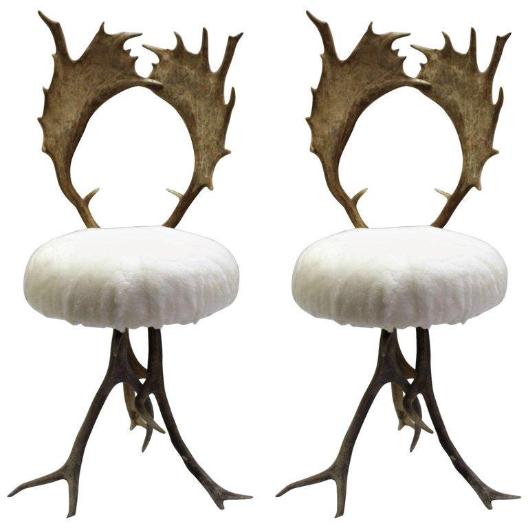 Stag Antler Chairs, Pair, Likely Late 19th C (1 of 8)