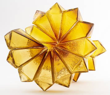 Richard Royal Art Glass Helicoidal Sculpture: Richard Royal (American, b.1952) studio art glass sculpture of abstract helicoidal shape. 20" H x 28" W x 22" D. Royal worked as a glass sculptor at the Pilchuck Glass School and worked with Dale Chih