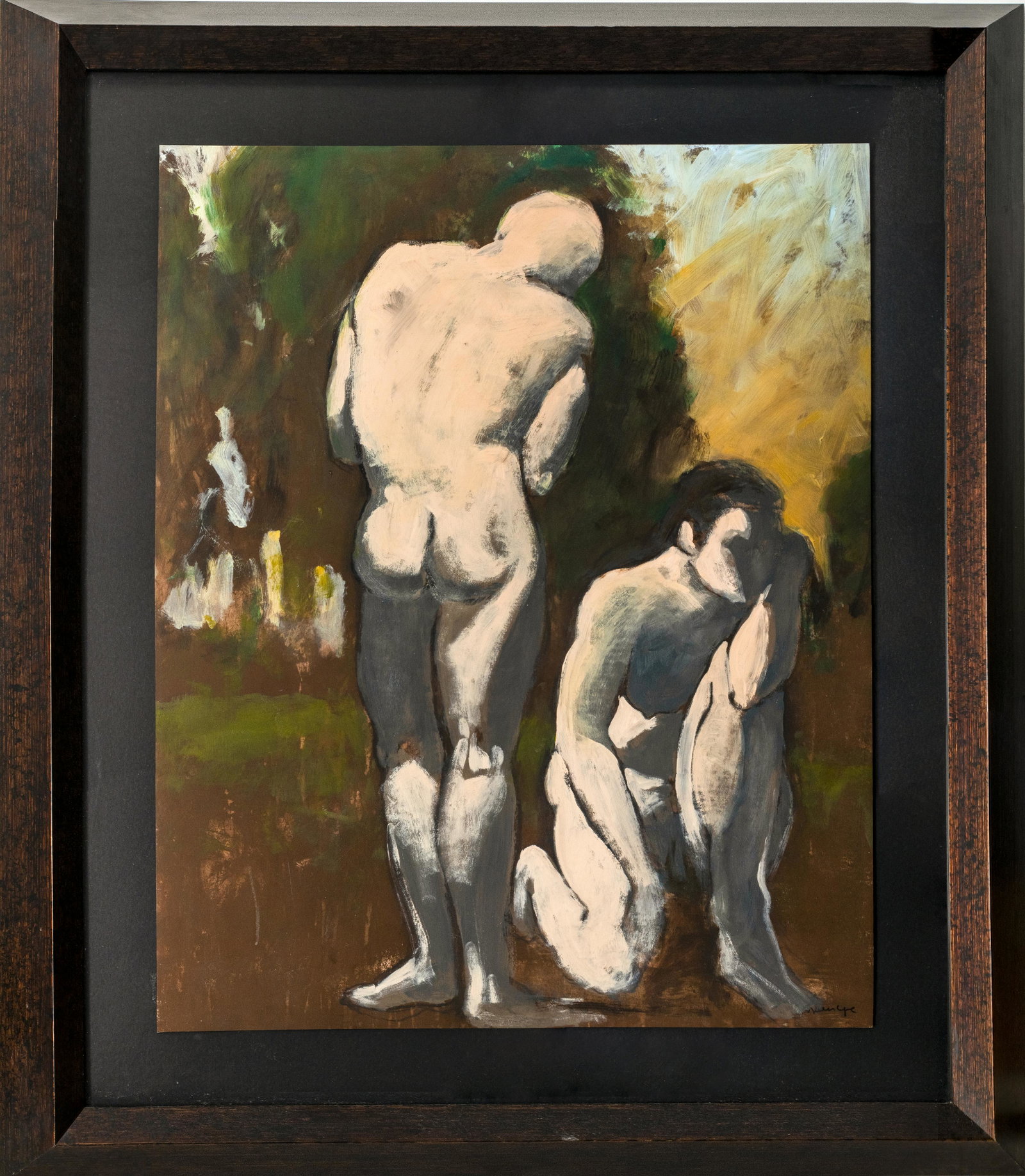 Bjorn Rye "Nude Dialogue" Gouache on Paper: Bjorn Rye (American, 1942-1998), "Nude Dialogue," gouache on paper, signed lower right, artist's bio affixed to frame reverse. Sheet: 40" H x 31" W; frame: 54" H x 45" W x 3" D. The subject matter of 