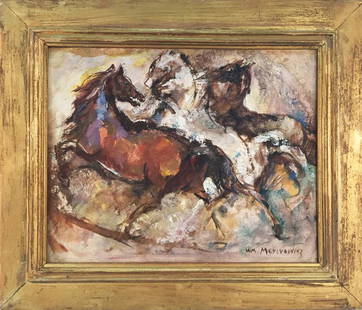 William Meyerowitz Oil on Artist Board: William Meyerowitz (b.1887- d.1981), expressionist rendering of three wild horses, signed lower right. Image: 8" H x 9.5" W; frame: 11.375" H x 13.25" W.