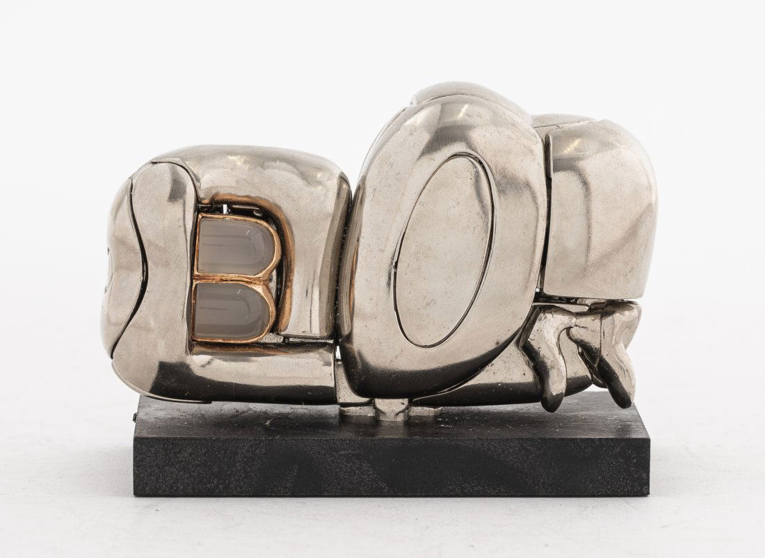 Miguel Berrocal Mini Zoraida Puzzle Sculpture: Miguel Ortiz Berrocal (Spanish, 1933-2006) "Mini-Zoraida," 1969-70, number 3114 from the edition of 9500 in nickel plated metal, stamped number and signature mark underside, in original box with instr