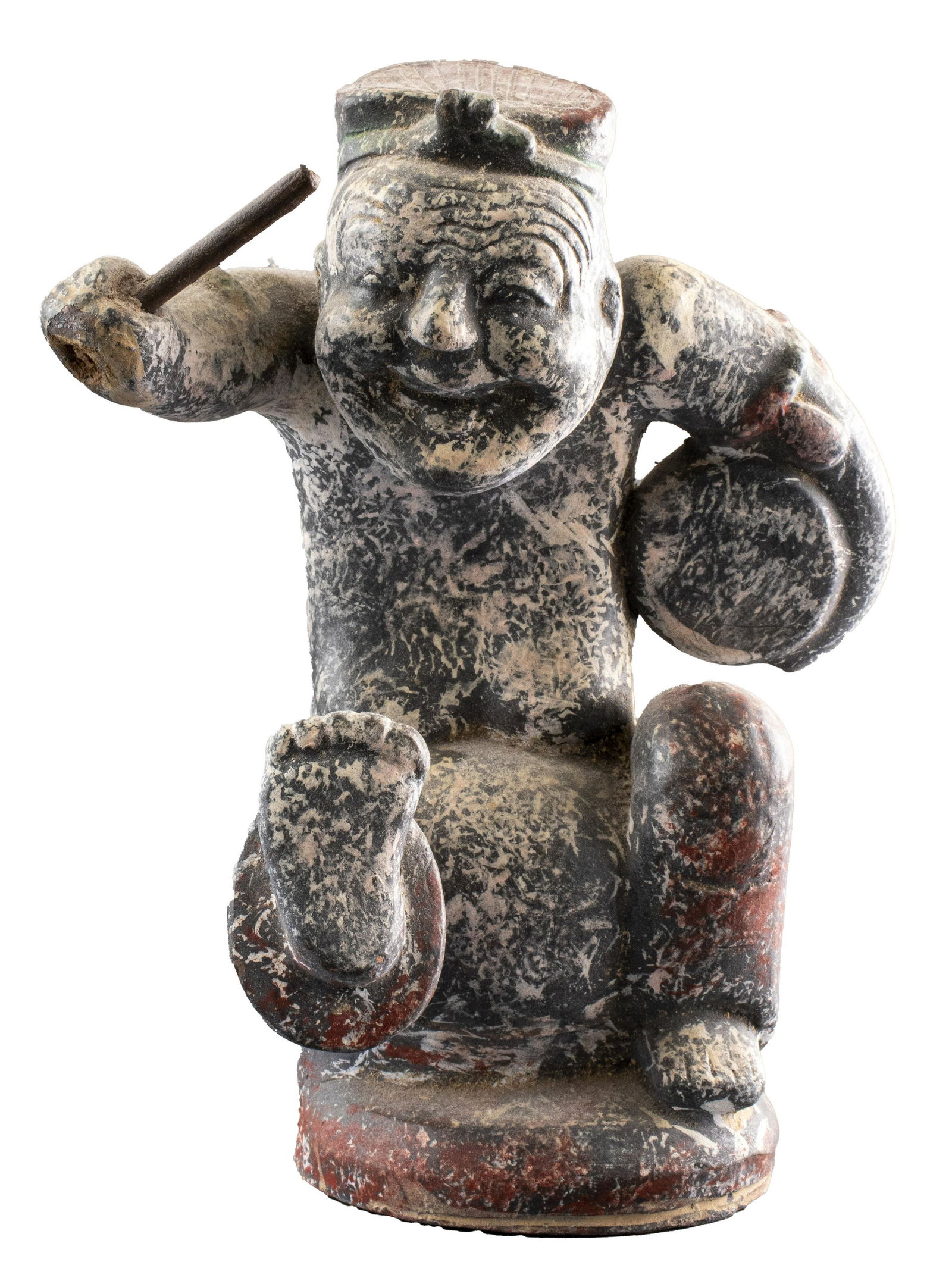Chinese Han Period Pottery Musician: Chinese Han period pottery musician, of typical pot-belly body, holding a drum in one hand and a stick in the other. 10" H. Removed from a 936 Fifth Avenue estate.