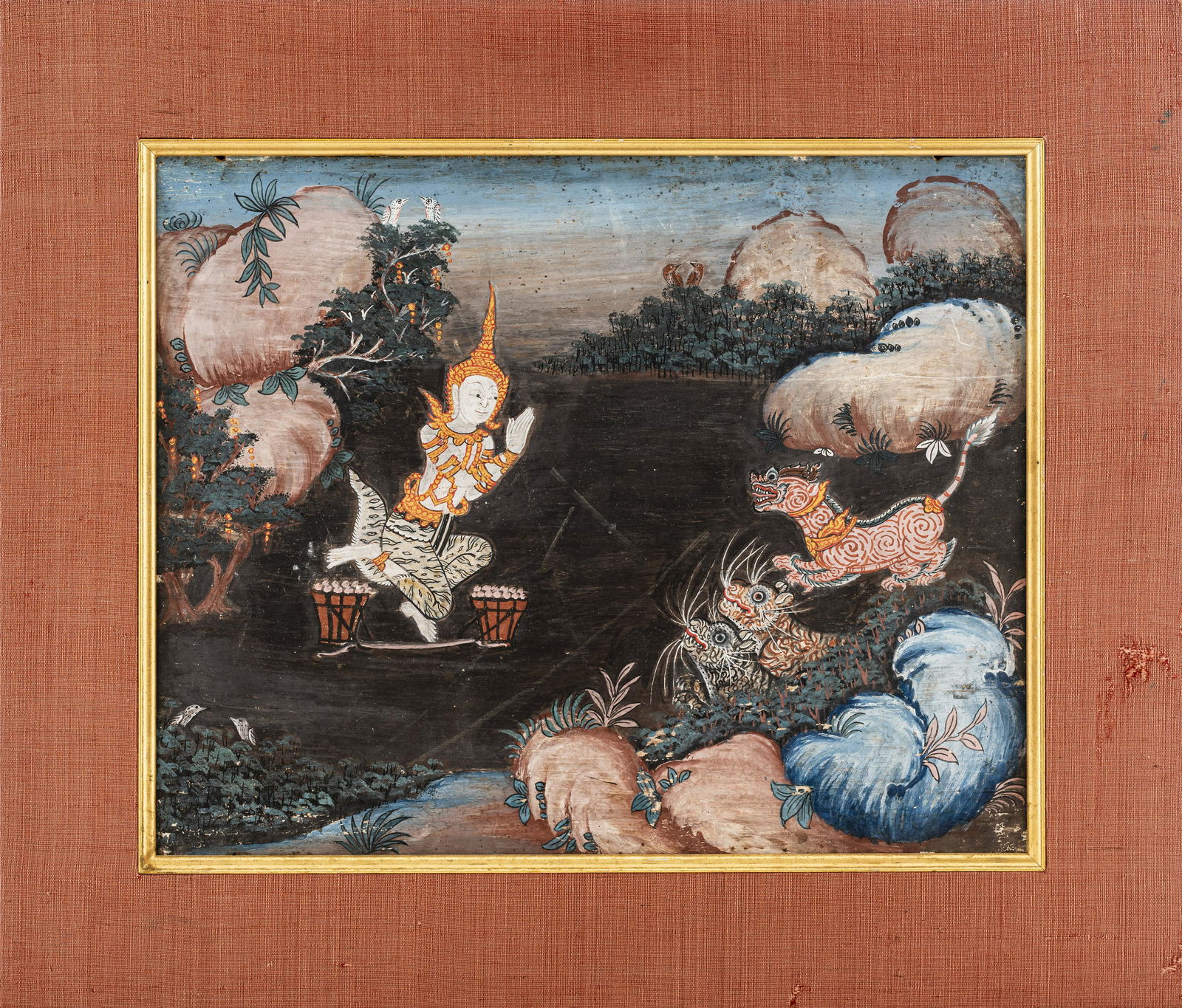 Thai Antique Tempera on Board Painting: Thai antique tempera on board painting, framed, titled on the back 'Buddha's Wife Frightened By Animals. Tempera. Siamese Ratanakosin Period A. D. 1824. Gift of Mrs David Kruidenier.' Further paper la