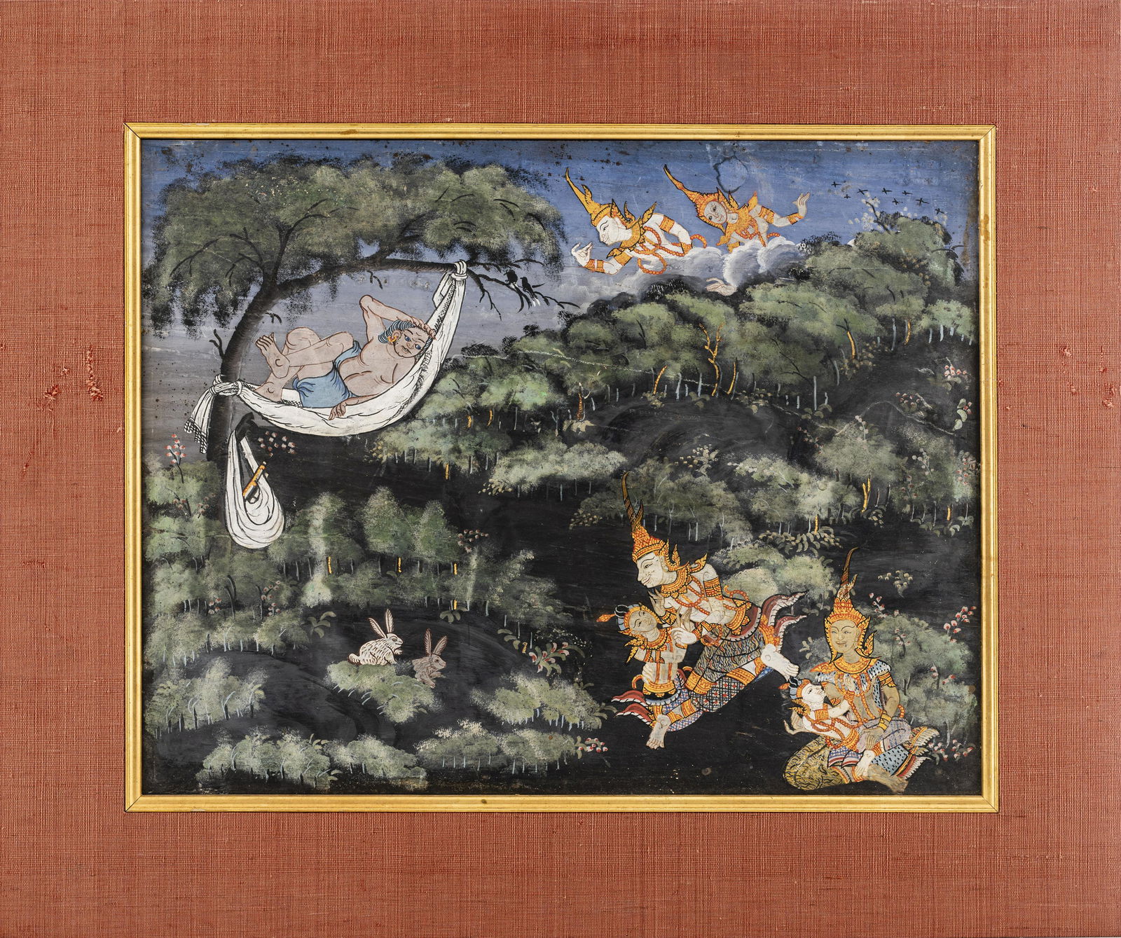 Thai Antique Tempera Buddhist Painting: Thai antique tempera on board painting, framed, titled on the back 'Buddha And His Children With Angels. Tempera. Siamese Ratanakosin Period A. D. 1824. Gift of Mrs David Kruidenier.' Further paper la