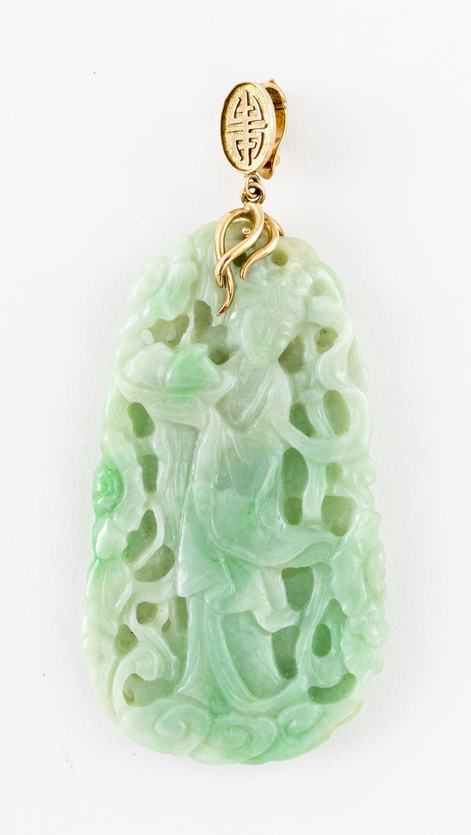 Large Chinese 14K Yellow Gold Carved Jade Pendant (1 of 5)