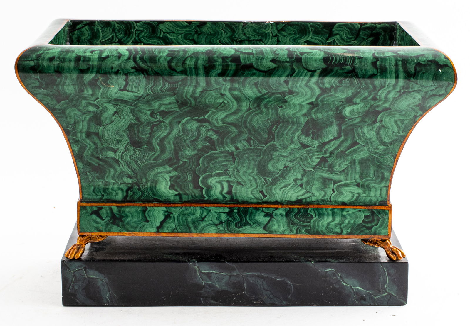 Russian Neoclassical Faux Malachite Jardiniere: Maitland Smith faux-painted malachite jardiniere, in the Russian Neoclassical taste, of sarcophagus form and raised on four gilt paw feet above a painted faux-marble base, signed to underside. 11.75&#