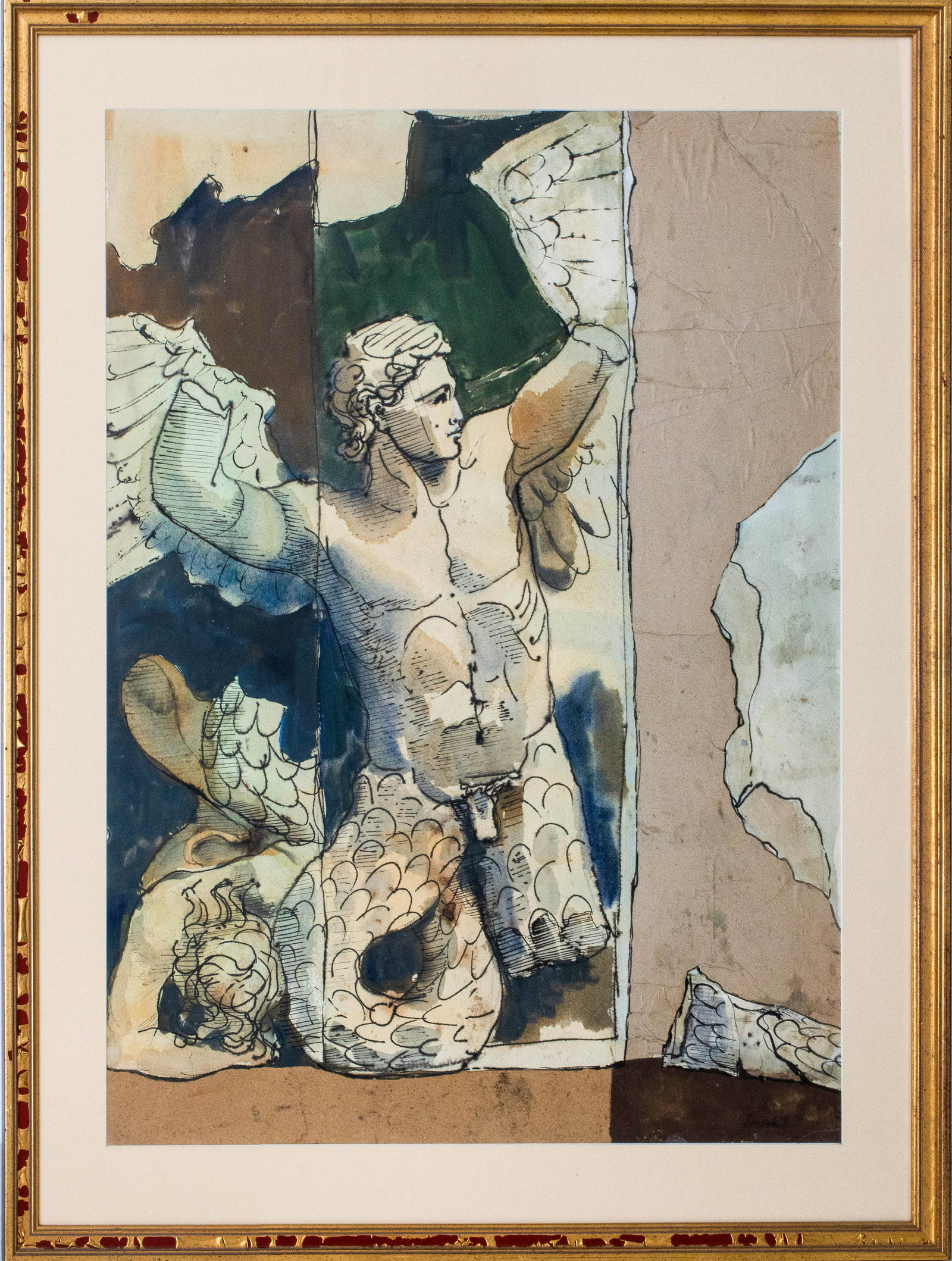 Hazard Durfee 'Nude Winged Merman' Mixed Media: Hazard Durfee (American, 1917-2003) 'Nude winged Merman', mixed media on paper, signed Durfee in lower right, housed under glass with a beige mat in an antique and ebonized wood frame. Sight 29.5" H x