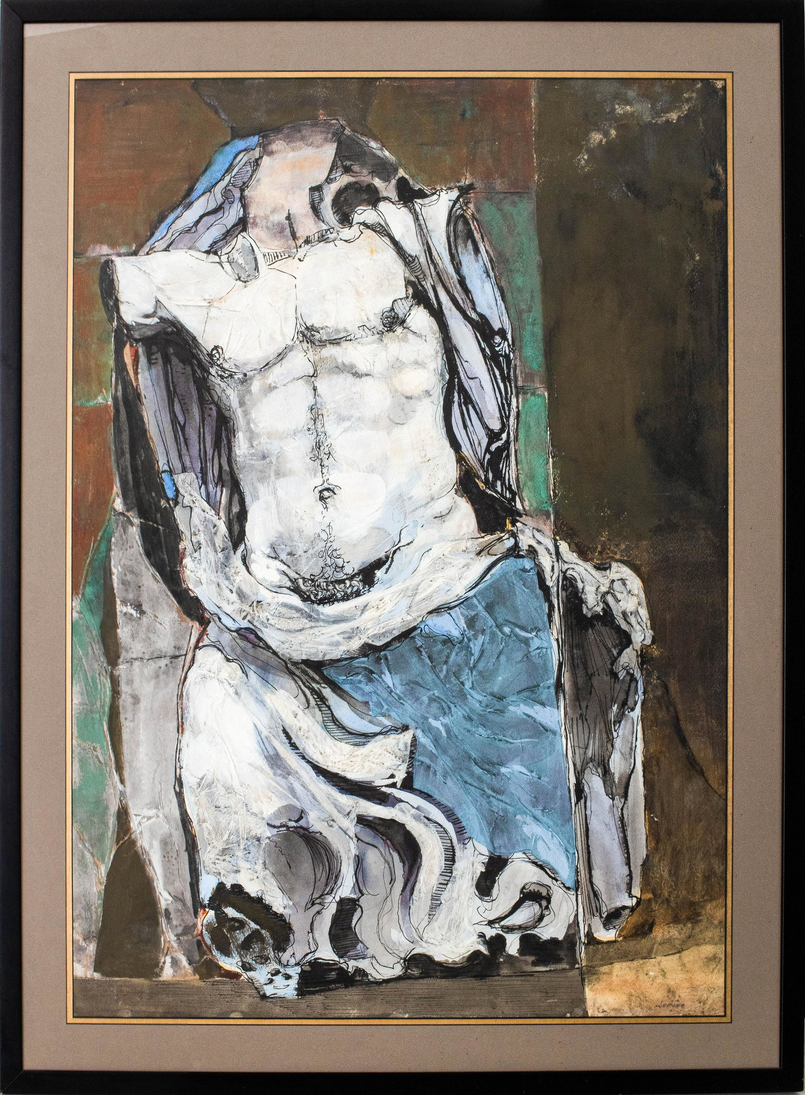 Hazard Durfee 'Nude Torso' Mixed Media: Hazard Durfee (American, 1917-2003) 'Nude Torso' modern mixed media on paper, depicting a stylized man's torso against blue and white drapery, signed Durfee in lower right, housed under glass with gre