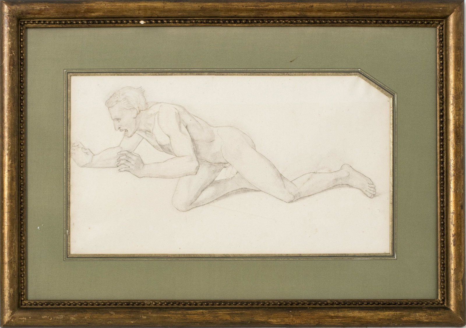 Attrib. Victor Orsel "Study of Male Nude" Graphite: Attributed to Andre Jacques Victor Orsel (French, 1795-1850), "Study of a Male Nude," graphite on paper. Image: 10" H x 18.25" W, frame: 18.5" H x 27" W.