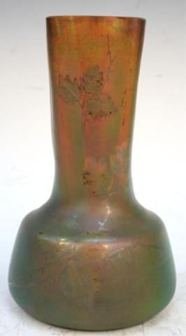 Jerome Massier Iridescent Ceramic Vase with Leaves: Metallic-luster, square-necked art pottery vase with leaf and thorny branch decoration, by Jerome Massier, ceramic, France, circa 1900; Jerome Massier and Fils Vallauris hand-signed on body and incise