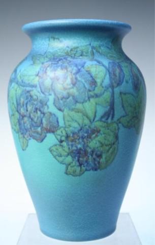 Rookwood Pottery Wax Matte Vase Louise Able 1926: Blue, wax matte glaze Rookwood vase featuring a floral design around the upper exterior body, executed by Louise Able, ceramic, 1926; artist's mark, Rookwood mark and S2074 on bottom. Dimensions: Appr
