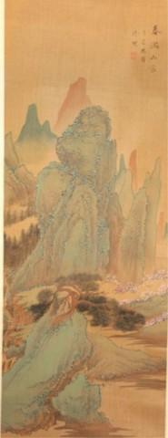Chinese Silk Scroll Painting of Mountain Landscape: Scroll painting of landscape made up of mountains and flowers, ink and color on silk, China; marked. Dimensions: 54"L x 13"W; image area 23-1/2"L x 9"W