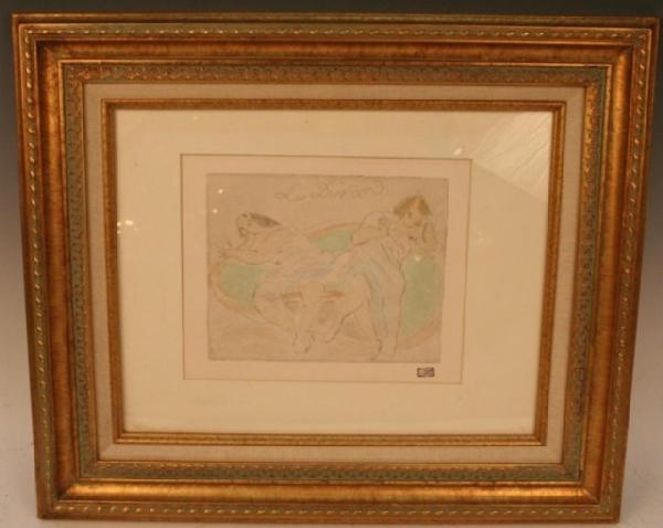 "Le Divan" Original Color Etching by Jules Pascin: Framed print of two lounging figures on a sofa, by Jules Pascin (1885-1930), etching in color; signed with atelier stamp. Dimensions: Image area 7-1/2"L x 6"W; with frame 19-1/2"L x 16-1/2"W x 1"D
