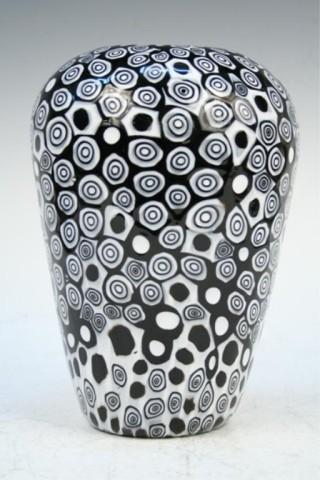 Vittorio Ferro Modern Black-and-White Glass Vase: Modern black-and-white vase by Vittorio Ferro (1932), glass, Italy, 1998; signed. Dimensions: 10-1/2"L x 7"W