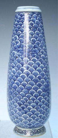 Chinese Blue & White Porcelain Beaker Vase 19th C: Blue and white porcelain beaker vase with wave-like decoration, nineteenth century, China; Hong Hei six-character mark at bottom. Dimensions: 10-3/4"L x 4"W