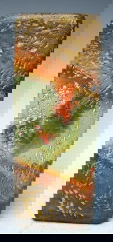 Rectangular Fantoni Italian Ceramic Vase: Rectangular vase with matte orange, brown, and green mottled glaze and textured surface, Fantoni for Raymor, ceramic, Italy, twentieth century; signed on bottom. Dimensions: 13-1/2"H x 5"W x 5"D